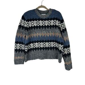 Evereve Womens Size Medium Fair Isle Knit Sweater Blue/Gray Long Sleeve